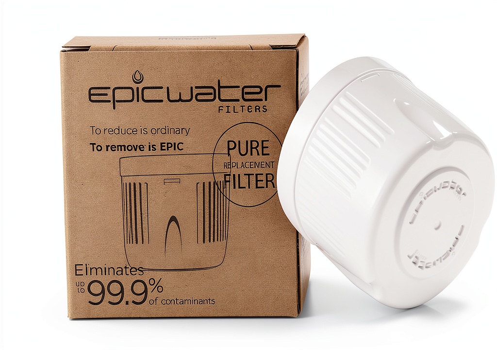 Epic Water Filter replacement cartridge showing dimensions and material