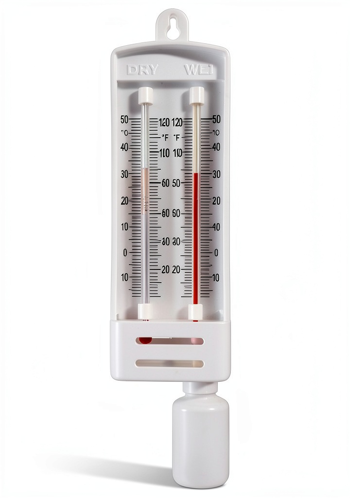 Sper Scientific Hygrometer displaying humidity levels on a wooden table