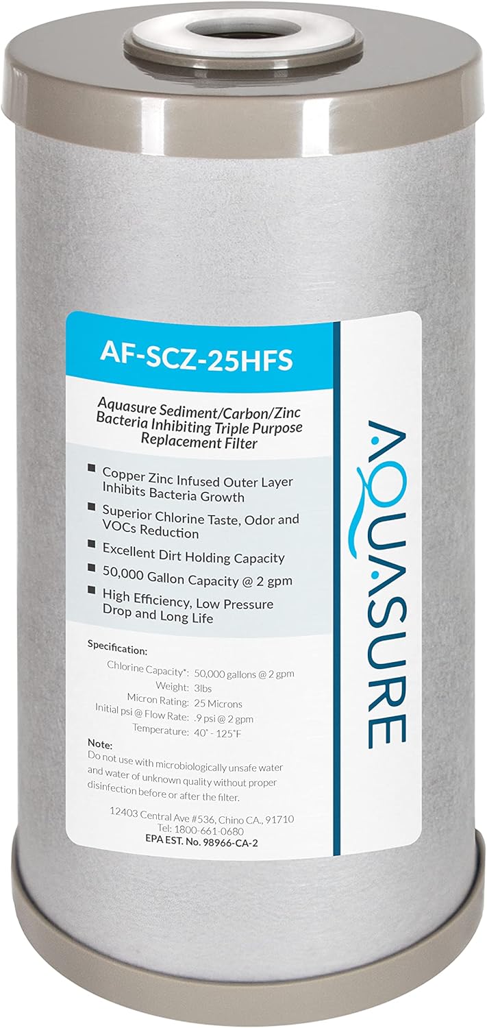 Aquasure replacement water filter showing sediment carbon zinc media